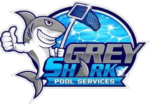 Logo for Grey Shark Pool Services, Oak Island, NC: cartoon grey shark with pool skimmer net, pool water background, bold blue and grey text.