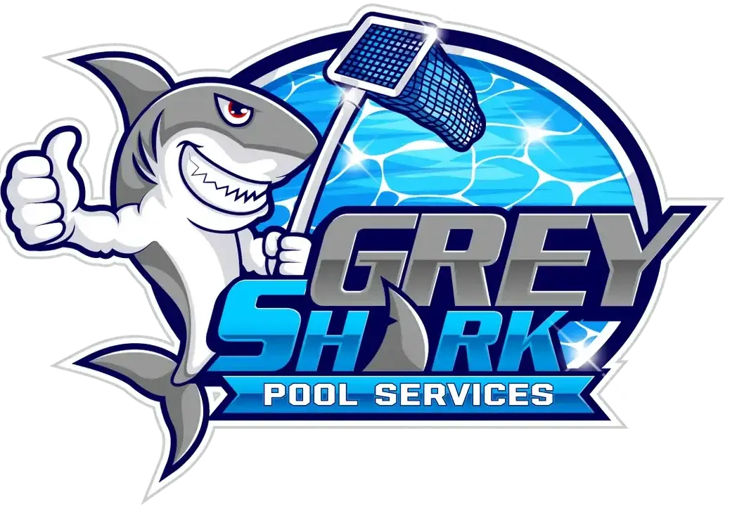 Logo for Grey Shark Pool Services, Oak Island, NC: cartoon grey shark with pool skimmer net, pool water background, bold blue and grey text.