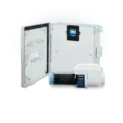 Grey Shark Pool Services control box in Oak Island, NC, with open door and display beside a cylinder featuring a clear side chamber.