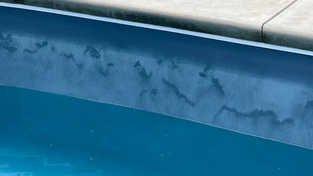 Close-up of a pool wall in Oak Island, NC with wavy dark stains; clean blue water—seen by Grey Shark Pool Services.