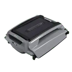 Grey Shark Pool Services in Oak Island, NC uses a gray robotic pool cleaner with black accents and wheels for automatic pool cleaning.