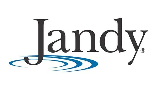 Jandy logo with black serif text and blue water ripples, shown for Grey Shark Pool Services in Oak Island, NC.