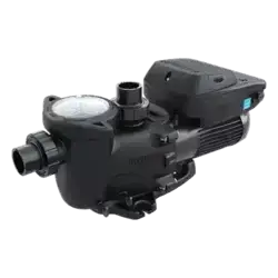 A black electric water pump from Grey Shark Pool Services, Oak Island, NC, with pipe connections and clear lid on a transparent background.