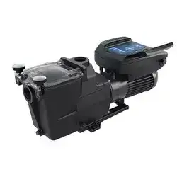 Black variable speed pool pump by Grey Shark Pool Services, Oak Island, NC, with clear lid, side inlet, and digital control panel.